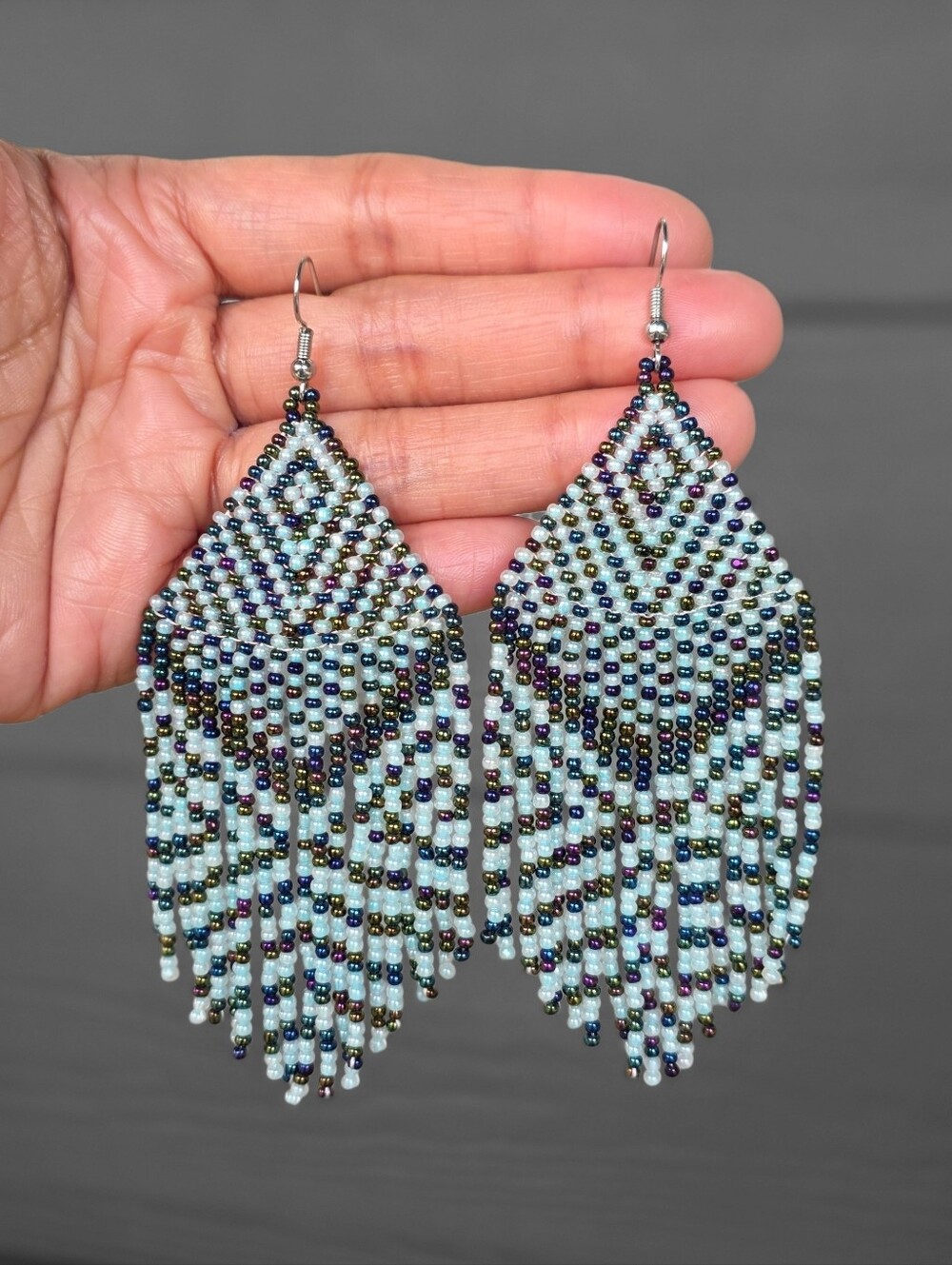 Blue Boho Fringe Beaded Earrings Handmade Chic Jewelry Blue